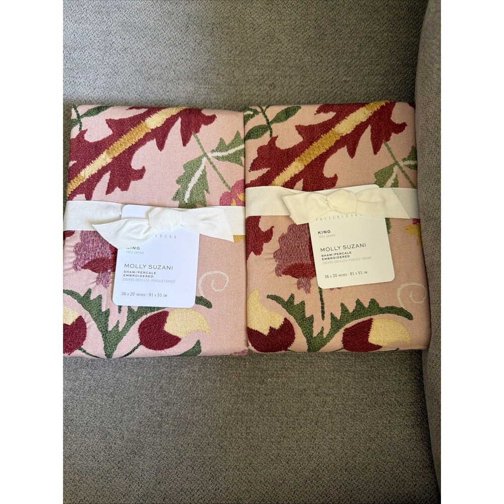 NWT Pottery Barn Molly Suzani Rose/Pink Embroidered King Size Pillow Shams Set/2